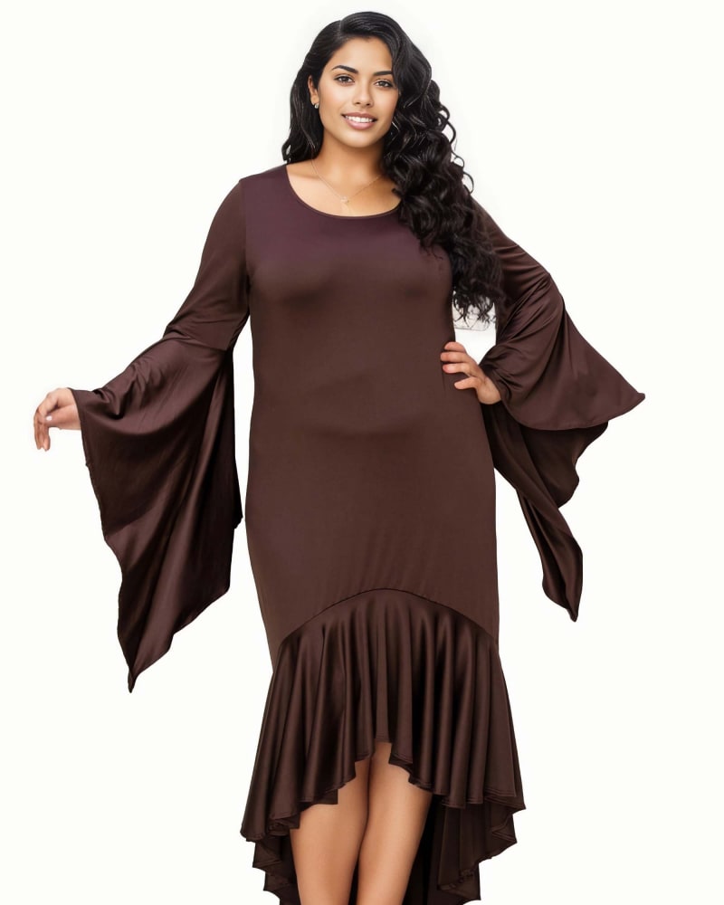 Front of a model wearing a size 2X Arielle Flowy Mermaid Hem Dress in Brown by L I V D. | dia_product_style_image_id:315154
